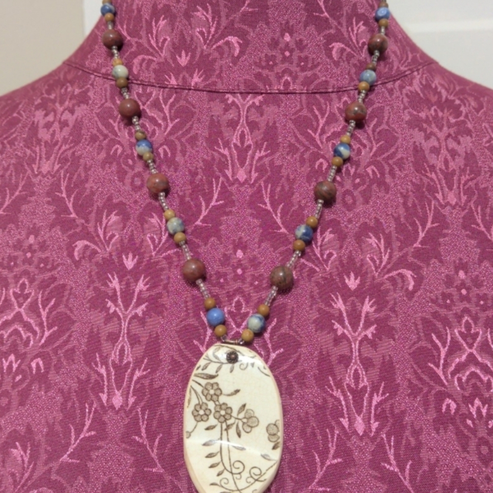 Handmade and Signed Glass Beads and Pottery Necklace